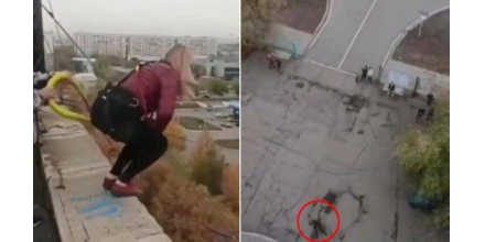 Foreign women jumped off the building playing extreme sports and fell straight down because the safe